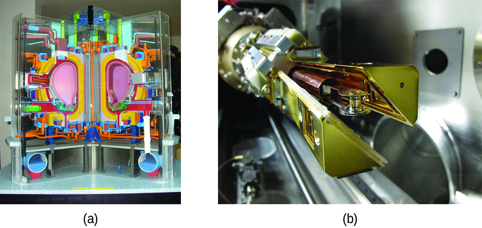 Показаны две фотографии с пометками «а» и «б». На фото а показана модель реактора ИТЭР, состоящая из разноцветных деталей. На фото b показан крупный план конца длинной механической руки, состоящей из множества металлических компонентов.