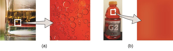Diagram A shows a glass containing a red liquid with a layer of yellow oil floating on the surface of the red liquid. A zoom in box is magnifying a portion of the red liquid that contains some of the yellow oil. The zoomed in image shows that oil is forming round droplets within the red liquid. Diagram B shows a photo of Gatorade G 2. A zoom in box is magnifying a portion of the Gatorade, which is uniformly red.