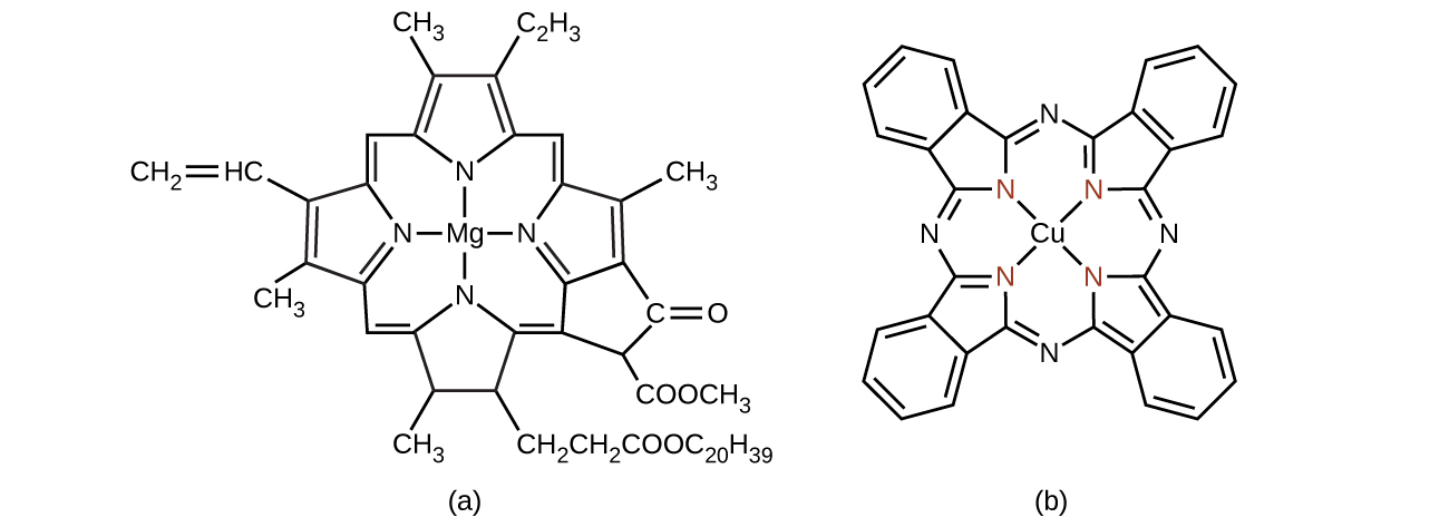 Structural formulas for chlorophyll and copper phthalocyanine blue are shown. 