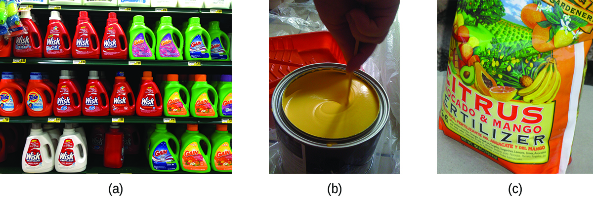 A. Detergents on the shelves of a supermarket. B. A tin containing paint. C. Bag of fertilizer. 