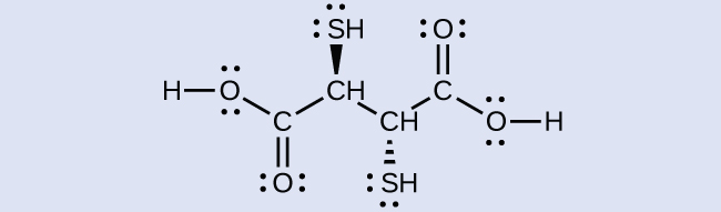 Structural formula for DMSA is shown with all of the lone pairs on O and S drawn out. 