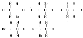 Five different ways to write C 2 H 5 B R. Top left: Bromine on carbon two, pointing down. Top middle: Bromine on the second carbon, pointing up. Top right: bromine on first carbon, pointing up. Bottom left: bromine on first carbon pointing to the left. Bottom right: bromine on first carbon, pointing down.