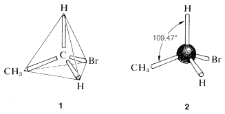 Dos modelos de bola y palo de C 2 H 5 B R. Izquierda (1): Molécula dispuesta de manera que el carbono tiene cuatro sustituyentes; 1 hidrógeno, 1 metilo y 1 bromo. Las líneas se conectan desde cada sustituyente para mostrar la configuración tetraédrica (un triángulo). Derecha (2): La misma disposición pero el carbono central se muestra por una bola. 109.47 grados entre el sustituyente metilo e hidrógeno.