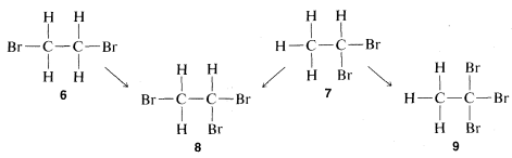 Cuatro moléculas etiquetadas del 6 al 9. 6 y 7 son moléculas C 2 H 4 B R 2 y 8 y 9 son moléculas C 2 H 3 B R 3. 6: los átomos de bromo están en diferentes carbonos. Flecha a 8: Dos bromo en carbono derecho y un bromo en carbono izquierdo. 7: Ambos átomos de bromo en carbono derecho. Flecha del 7 al 8 y flecha del 7 al 9: Tres átomos de bromo sobre el carbono derecho.