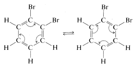Estructura kekule del anillo de benceno con dos moléculas de bromo. Las flechas de cada doble enlace a cada enlace sencillo adyacente dos muestran estructuras de resonancia.