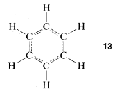 Estructura kekule del anillo de benceno con dobles enlaces discontinuas en cada enlace sencillo.