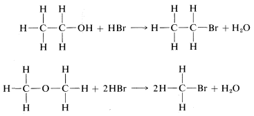 Arriba: C 2 H 6 O molécula con grupo O H en el carbono más derecho más H B R va a una molécula C 2 H 5 B R y una molécula de agua. Abajo: C 2 H 6 O molécula con oxígeno en el medio más 2 H B R moléculas van a 2 C H 3 B R moléculas y una molécula de agua.