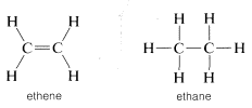 Left: ethene molecule; double bond between carbons. Right: ethane; single bond between carbons.