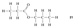 Carbon double bonded to Oxygen, single bonded to oxygen with a carbon chain, and single bonded to another carbon chain. Carbon-oxygen bond is bent down.