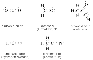 Top left: carbon dioxide molecule. Top middle: methanal (formaldehyde) molecule. Top right: ethanoic acid (acetic acid) molecule. Bottom left: methanenitrile (hydrogen cyanide) molecule. Bottom right: ethanenitrile (acetonitrile) molecule.