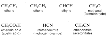 7 fórmulas condensadas. Etano: C H 3 C H 3. Eteno: C H 2 C H 2. Ethyne: C H C H. Metanal (formaldehído): C H 2 O. Ácido etanoico (ácido acético): C H 3 C O 2 H. Metanonitrilo (cianuro de hidrógeno): H C N. Etanonitrilo (acetonitrilo): C H 3 C N.