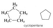 Left: cyclopentane with C H 2 molecules written. Right: bond line structure of cyclopentane.