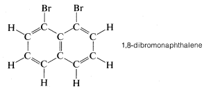 1,8-dibromoaftaleno con átomos de carbono, hidrógeno y bromo escritos.