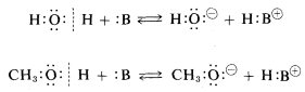 Arriba: H O H y B en equilibrio con H O- y H B+. Abajo: C H 3 O H más B en equilibrio con C H 3 O- y H B+.