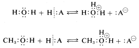 Top: H O H plus H A in equilibrium with H 3 O+ and A-. Bottom: C H 3 O H plus H A in equilibrium with C H 3 O H 2+ and A-. 
