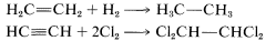 Top: C 2 H 4 (alkene) plus H 2 goes to C 2 H 6 (alkane). Bottom: C 2 H 2 (alkyne) plus 2 C L 2 goes to C 2 H 2 C L 4.