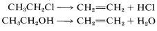Arriba: C H 3 C H 2 C L va a C 2 H 4 (alqueno) más H C L. Fondo: C H 3 C H 2 O H va a C 2 H 4 (alqueno) más H 2 O.