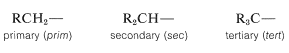 Left: R C H 2-. Text: primary (prim). Middle: R 2 C H-. Text: secondary (sec). Right: R 3 C-. Text: tertiary (tert).