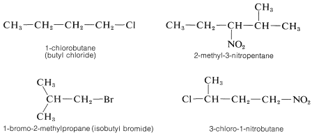 Arriba a la izquierda: C H 3 C H 2 C H 2 C L. Texto: 1-clorobutano (cloruro de butilo). Arriba a la derecha: C H 3 C H 2 C H C H C H 3 con grupo N O 2 sobre carbono 3 y grupo C H 3 sobre carbono 2. Texto: 2-metil-3-nitropentano. Abajo a la izquierda: B R C H 2 C H C H 3 con grupo metilo sobre carbono 2. Texto: 1-bromo-2-metilpropano (bromuro de isobutilo). Abajo a la derecha: C H 3 C H C H 2 C H 2 N O 2 con un cloro sobre carbono 3. Texto: 3-cloro-1-nitrobutano.