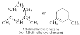 Cyclohexane with methyl substituents on carbon 1 and 3. Double bond between carbons 1 and 2. Left: Carbons and hydrogens written out. Right: Carbons and hydrogens in carbon chain not written out. Text: 1,3-dimethylcyclohexene (not 1,5-dimethylcyclohexne).