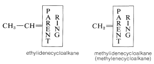 Left: C H 3 single bond C H double bond PARENT RING. Text: ethylidenecycloalkane. Right: C H 2 double bond PARENT RING. Text: methylidenecycloalkane (methylenecycloalkane).