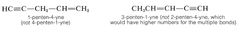 Left: H C triple bonded to C single bond C H 2 single bond C H double bond C H 2. Text: 1-penten-4-yne (not 4-penten-1-yne). Right: C H 3 C H triple bond C H single bond C triple bonded to C H. Text: 3-penten-1-yne (not 2-penten-4-yne, which would have higher numbers for the multiple bonds).