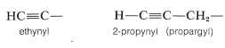 H C triple bonded to C. Text: Ethynyl. Right: H single bond C triple bonded to C single bond C H 2-. Text: 2-propynyl (propargyl).