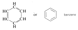 Cyclohexene with three double bonds. Left: carbons and hydrogens written out. Right: carbons and hydrogens not written out. Text: benzene.