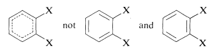 Tres formas de extraer benceno. Izquierda: Hexágono discontinua más pequeño dentro del ciclohexano. Medio: Se extraen tres dobles enlaces. Derecha: Tres dobles enlaces dibujados pero en lugares alternos que la molécula media.