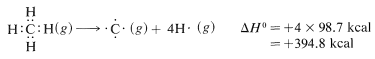 C H 4 gas va a C gas más 4 H gas con delta H de 4 veces 98.7 kcal o +394.8 kcal.