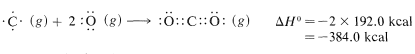 C gas más 2 O gas va a C O 2 gas con delta H de -2 veces 192.0 kcal o -384.0 kcal.
