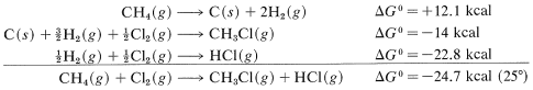 Top reaction: C H 4 gas goes to C solid plus 2 H 2 gas with delta G of 12.1 kcal. Middle reaction: C solid plus 3/2 H 2 gas plus 1/2 C L 2 gas goes to C H 3 C L gas with delta G of -14 kcal. Bottom reaction: 1/2 H 2 gas plus 1/2 C L 2 gas goes to H C L gas with delta G of -22.8 kcal. These combine to get the reaction: C H 4 gas plus C L 2 gas goes to C H 3 C L gas plus H C L gas with delta G of -24.7 kcal at 25 degrees C.