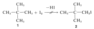 Carbon with four methyl groups attached plus I 2 goes to the same molecule with one of the methyl groups changed to C H 2 I. Text over arrow indicates loss of H I. The arrow is crossed out indicating that this reaction does not occur.