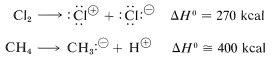 Reacción superior: C L 2 va a C L + más C L - con delta H de 270 kcal. Reacción inferior: C H 4 va a C H 3- más H+ con delta H de aproximadamente 400 kcal.
