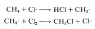 Reacción superior: C H 4 más C L radical va a H C L más C H 3 radical. Reacción de fondo: El radical C H 3 más C L 2 va a C H 3 C L más el radical C L.