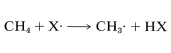 C H 4 más X radical va al radical C H 3 más H X.