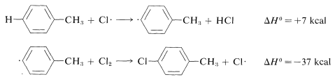 Top reaction: Methyl benzene plus C L 2 radical goes to benzene with a radical at a carbon and a methyl substituent plus H C L. Delta H of 7 kcal. Bottom reaction: Methyl benzene radical plus C L 2 goes to benzene with a methyl and chlorine substituent plus C L radical. Delta H of -37 kcal.