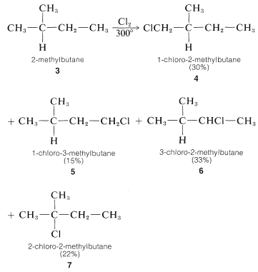 El 2-metilbutano se hace reaccionar con C L 2 a 300 grados para obtener cuatro productos diferentes. 30% 1-cloro-2-metilbutano, 15% 1-cloro-3-metilbutano, 33% 3-cloro-2-metilbutano y 22% 2-cloro-2-metilbutano.