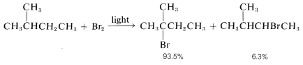 2-methylbutane plus B R 2 reacted with light goes to two products. 93.5% 1-bromo-1-methylbutane and 6.3% C H 3 C H C H B R C H 3 with a methyl group on carbon 2.