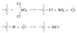 Top reaction: C radical plus S O 2 with two C L substituents goes to C C L plus S O 2 and C L group. Bottom reaction: C H plus C L goes to C radical plus H C L.