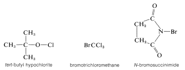 Izquierda: hipoclorito de terc-butilo. Medio: bromotriclorometano. Derecha: N-bromosuccinimida.