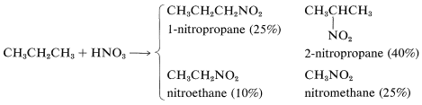 C H 3 C H 2 C H 3 más H N O 3 va a cuatro productos diferentes. 25% 1-nitropropano, 40% 2-nitropropano, 10% nitroetano y 25% nitrometano.