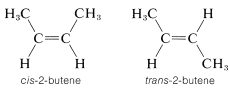 Left: cis-2-butene. Two carbons double bonded to each other. Each have one methyl substituent and one hydrogen substituent. The methyls are both pointing up. Right: trans-2-butene; two carbons double bonded together with one methyl substituent each. Left carbon has methyl pointing up and right carbon has methyl pointing down.