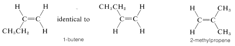 Izquierda: 1-buteno. Dos carbonos dobles unidos entre sí. El carbono izquierdo tiene un sustituyente etilo apuntando hacia abajo. Esto es idéntico a la molécula media que es 1-buteno con un sustituyente etilo en el carbono izquierdo apuntando hacia arriba. Derecha: 2-metilpropeno. Dos carbonos unidos entre sí con dos sustituyentes metilo en el carbono derecho.