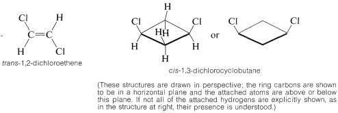 Left: trans-1,2-dichloroethene. Middle and right: cis-1,3-dichlorocyclobutane. Middle: hydrogens are drawn in; right: hydrogens are not drawn in. Text: these structures are drawn in perspective; the ring carbons are shown to be in a horizontal plane and the attached atoms are above or below this plane. If not all of the attached hydrogens are explicitly shown, as in the structure at right, their presence is understood. 