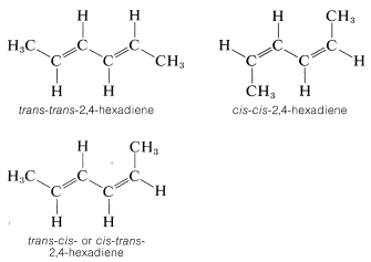 Arriba a la izquierda: molécula trans-trans-2,4-hexadieno. Arriba a la derecha: molécula cis-cis-2,4-hexadieno. Abajo: molécula trans-cis o cis-trans-2,4-hexadieno.