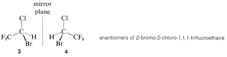 Enantiomers of 2-bromo-2-chloro-1,1,1-trifluoroethane separated by a mirror plane. Left (3): CF3 pointing to the left. Right (4): CF3 pointing to the right.