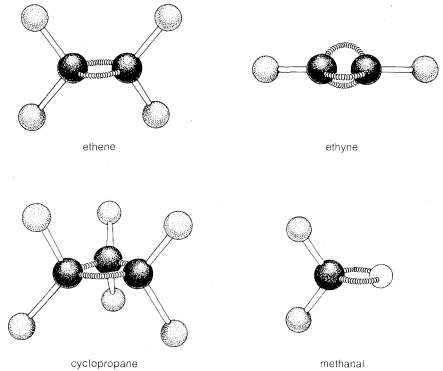 Ball and stick models of 4 different molecules. Top left: ethene. Top right: ethyne. Bottom left: cyclopropane. Bottom right: methanal.