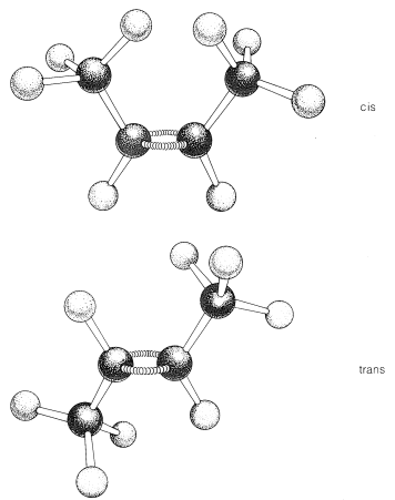 Top: ball and stick model of a cis alkene. Bottom: ball and stick model of a trans alkene.