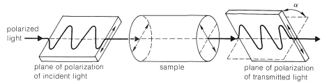 Left: polarized light goes to a plane of polarization of incident light. This goes to a sample and then a plane of polarized transmitted light.